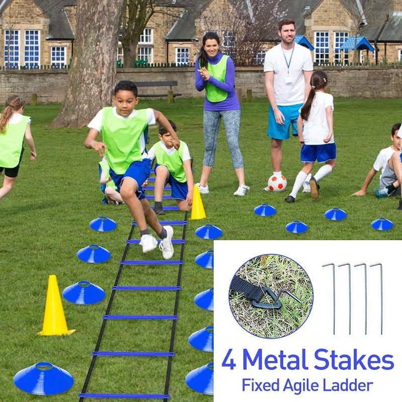 Rainmae Pro Speed & Agility Training Set—Includes 12 Rung 20ft Adjustable Agility Ladder with Carrying Bag, 12 Disc Cones, 4 Steel Stakes, 1 Resistance Parachute, Use Equipment to Improve Footwork Any Sport - Image 4